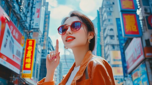 sophisticated asian girl, specialty eyewear blocking ultraviolet rays, hand gesturing to avoid sun's glare, cityscape with marketing signage