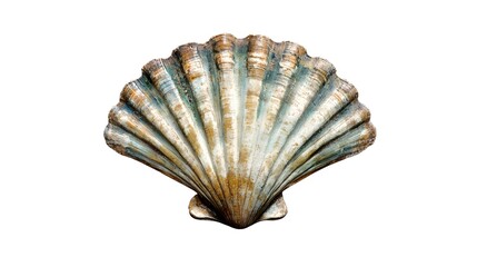 Obraz premium A stunning shell isolated on white. The beauty of sea creatures. A close-up of marine elegance. Discover the beauty of sea creatures.