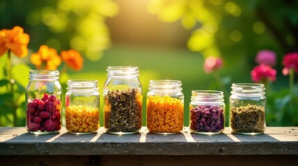 Five Glass Jars Filled with Colorful Small Objects on Wooden Surface in Sunny Garden