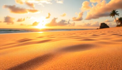 Golden sunset on a tranquil beach, sand dunes, peaceful ocean and palm tree silhouettes