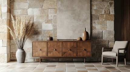 A Mid-Century Modern Living Room With A Stone Wall, Wooden Sideboard, And Armchair.  Warm, Earthy Tones Create A Cozy Atmosphere.