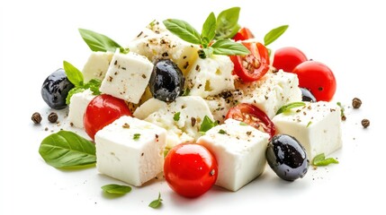Feta, Greek cheese cubes, isolated on white background, clipping path, full depth of field