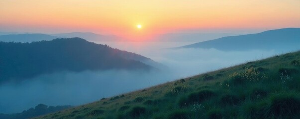A delicate sprinkle of gold adds warmth to the cool tones of a misty dawn on a blue hill, soothing ambiance, subtle texture