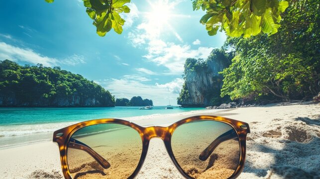 sunglasses with polarized lenses offering a window to a breathtaking tropical beach setting, including crystalline waters, white sand, and verdant tree-covered hills, optimized for UV defense