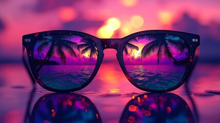 Sunglasses with a psychedelic reflection of an idyllic tropical sunset, complete with swaying palm trees and a glowing horizon.