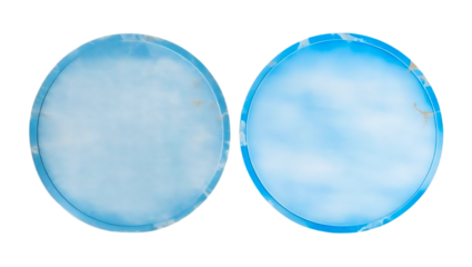 Realistic blue paper stickers set on transparent background. Blank blue round adhesive paper sticker label isolated on white background. Blue make up blender on white background
