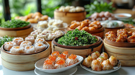 Fototapeta premium An elegant assortment of traditional Chinese dim sum served on a white table, accompanied by bamboo steamer baskets, showcasing the delicacies of Asian cuisine with minimal distractions.