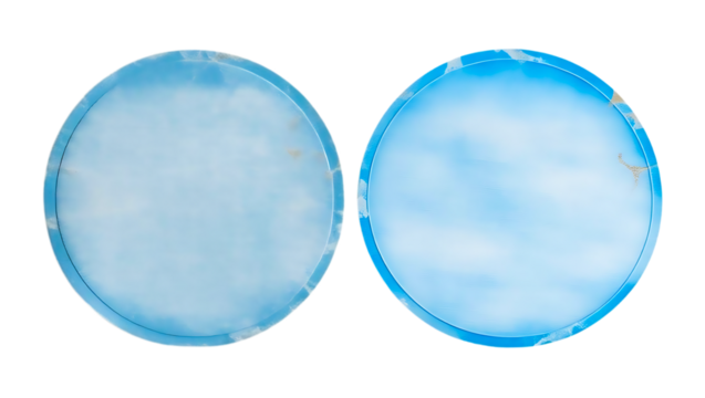 Realistic blue paper stickers set on transparent background. Blank blue round adhesive paper sticker label isolated on white background. Blue make up blender on white background
