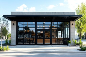Exterior of a modern building with large windows and black framing with a concrete roof