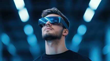 Connected Warehousing A worker using augmented reality glasses to view inventory data from multiple warehouses.