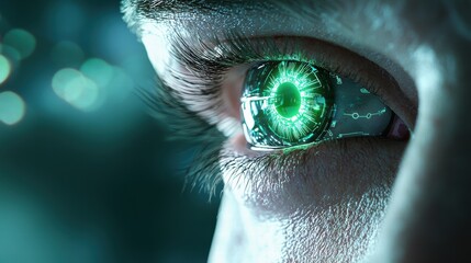 Cybernetic Eye Human face with one eye replaced by a futuristic cybernetic prosthesis, dramatic lighting.