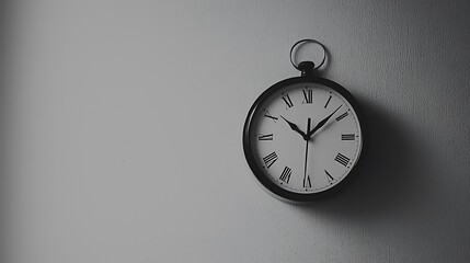 A black and white clock with roman numerals showing the time as 10:30