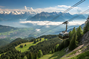 The cable car climbs up the mountainside, offering breathtaking views of the picturesque valley. Snow-capped peaks rise in the distance, and a sparkling lake stretches to the horizon.