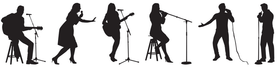 set of singer silhouette country music, rock stars, pop musician and hip hop rapper artist vocalists collection.