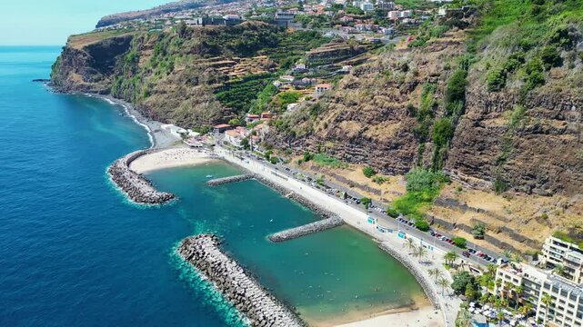 Vacation in Madeira, aerial view of the beach in Calheta