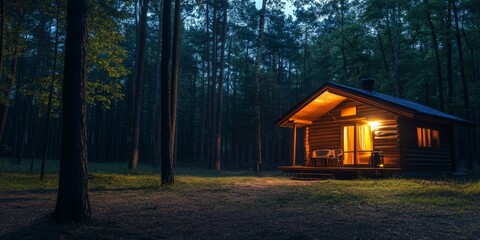 Forest cabin in the dark forest at night., Generative AI