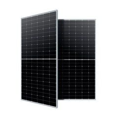 Two sleek solar panels standing upright, showcasing a grid of photovoltaic cells. Highlighting modern renewable energy technology, emphasizing efficiency and sustainability.