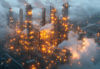 Fototapeta premium An expansive industrial complex with tall stacks and intricate piping is illuminated by orange lights at night, surrounded by a heavy fog that enhances the misty atmosphere.