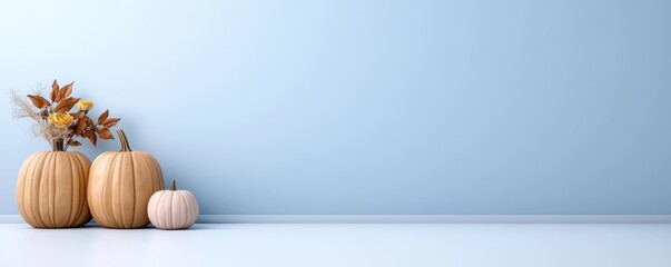 Autumnal Still Life Three Pumpkins and Dried Flowers Against a Blue Wall, Minimalist Composition, Fall Decor Autumn,Pumpkins