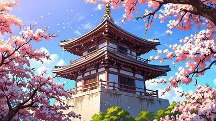 Stunning Japanese Pagoda Framed By Cherry Blossoms During Hanami Celebration
