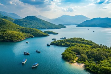 Scenic Bay Boats Cruise Lush Mountainscape