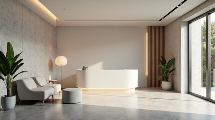 Fototapeta premium Modern minimalist reception area design with sleek white curved desk, comfortable seating, and subtle lighting