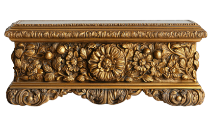 Ornate gold pedestal isolated on black, empty top for display