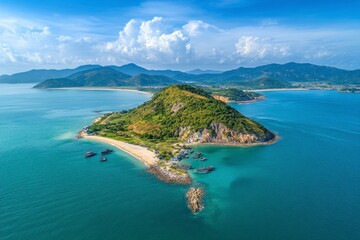 Obraz premium Stunning Island Beach Aerial View Turquoise Water Boats