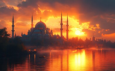Fototapeta premium Sunset Silhouette of a Mosque with Reflection on Water