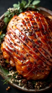Overhead View of Carved Easter Ham with Honey Glaze and Star Anise