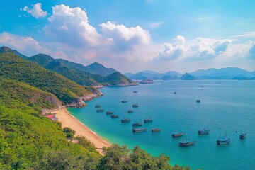 Obraz premium Scenic Beach with Boats and Lush Mountains