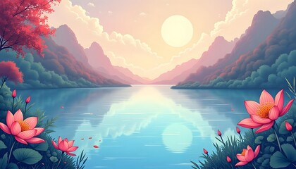 Peaceful sunrise over a calm lake surrounded by mountains and pink lotus flowers