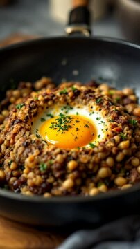 Traditional Romanian Easter Dish: Drob de Miel with Fried Egg and Fresh Herbs