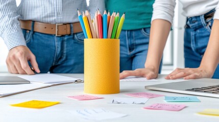 Collaborative Workspace With Colorful Pencils And Sticky Notes