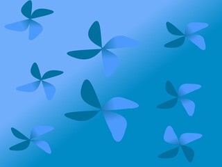A blue gradient background with scattered abstract shapes resembling four-petaled flowers in varying shades of blue
