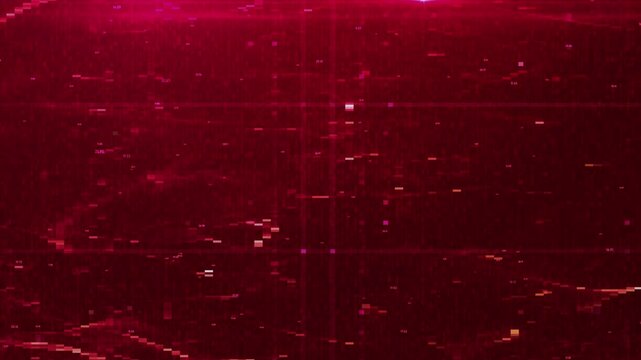 Futuristic Abstract Glitch Screen with VHS Noise and Fractal Waves: Red Tech Background with Numbers, Particles, and Data Grid for AI and Cyber Concepts