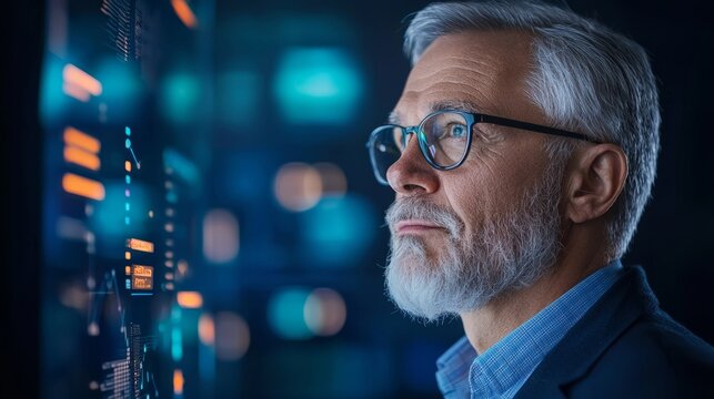 Mature Man Contemplating Digital Data Display