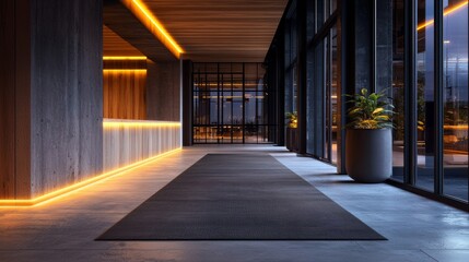 Fototapeta premium Modern hotel lobby interior design featuring concrete walls, wooden accents, and a patterned rug. Warm lighting creates a welcoming atmosphere. Large windows offer views of the city at night.