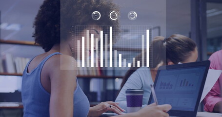 Data analysis and coding image over diverse business people working in office