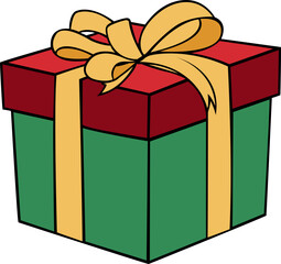 green colour gift Christmas box with golden and red ribbon hand drawn vector image with transparent background 