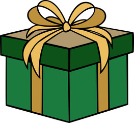 green colour gift Christmas box with golden and red ribbon hand drawn vector image with transparent background 