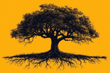 Expansive tree with intricate roots and vibrant yellow background representing strength and connection