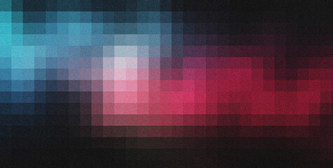 Digital art background displaying pixelated pattern with grainy texture blending blue, pink, red hues in vibrant abstract design