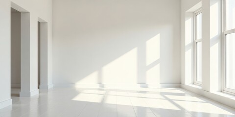 Obraz premium Sunlit Empty Room with Clean White Walls and Floor, Ideal for Interior Design Presentation