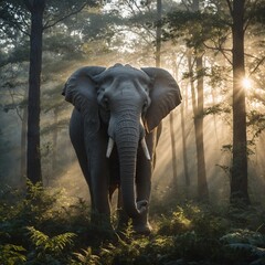Fototapeta premium A white elephant in a misty forest at sunrise, with sunlight streaming through the trees.
