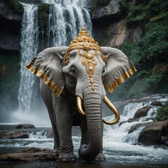 A white elephant adorned with golden jewelry, standing before a sparkling waterfall.