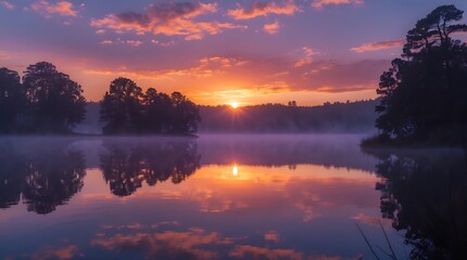 Fototapeta premium Serene Sunrise Over Misty Lake and Silhouetted Trees