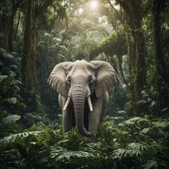 A majestic white elephant standing in a serene jungle clearing, surrounded by lush greenery.