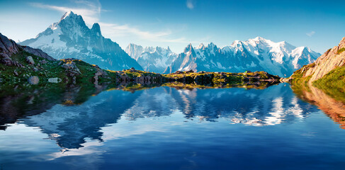 Colorful summer view of the Lac Blanc lake with Mont Blanc (Monte Bianco) on background, Chamonix...
