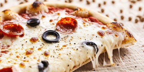 Pepperoni pizza slice, melted cheese, olives, close-up. Food photography